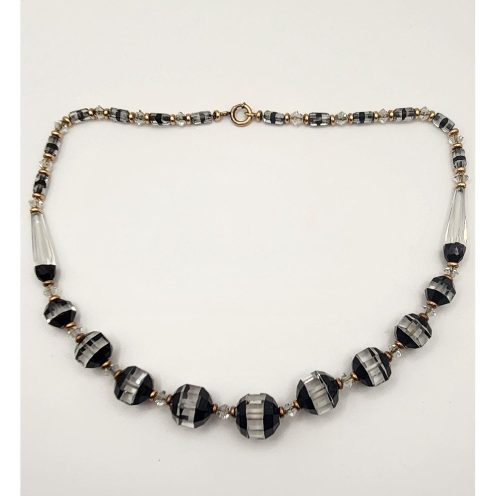 Vintage Art Deco Black Clear Faceted Glass Necklace Signed Simmons Clasp 16 Inch